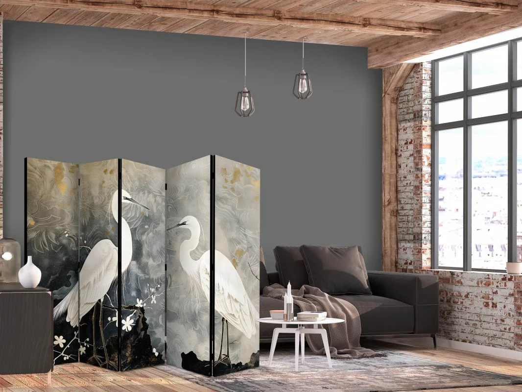 Parawan - Czaple i kwiat wiśni - ilustracja w orientalnym stylu przedstawiająca ptaki - obrazek 1