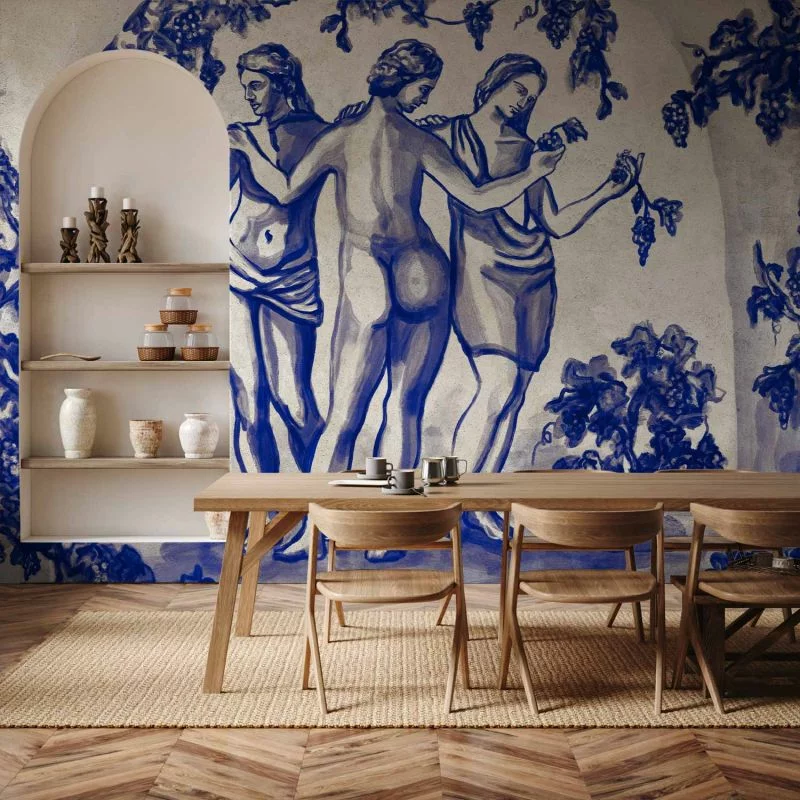 Fototapeta - Antyczna winnica - trzy kobiety w portalu malowane niebieskim tuszem - obrazek 1