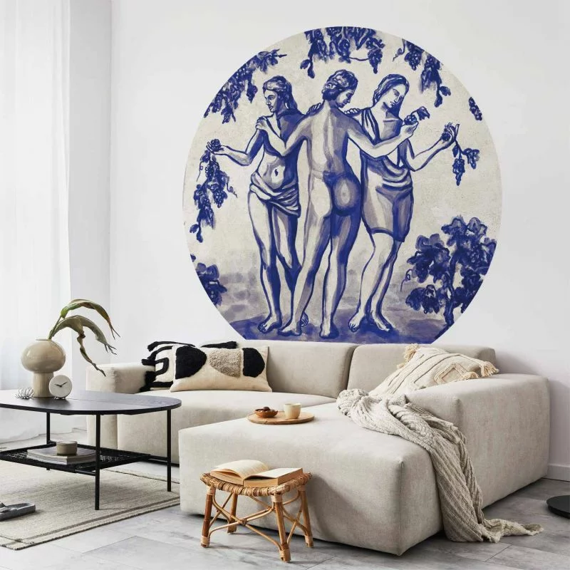 Fototapeta okrągła - Antyczna winnica - trzy kobiety w portalu malowane niebieskim tuszem - obrazek 1