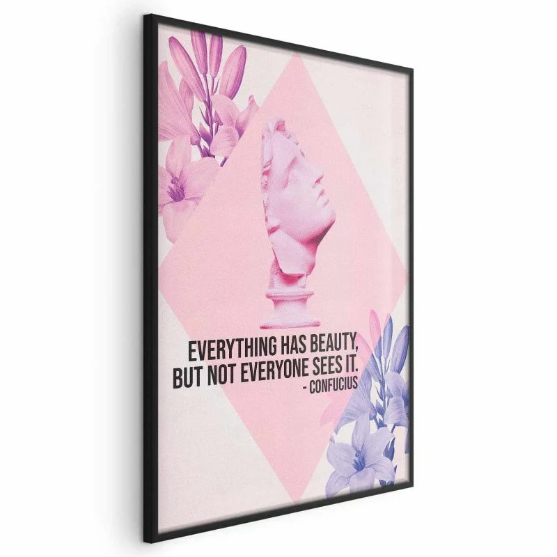 Plakat - Konfucjusz o Pięknie - popiersie w różu z kwiatami i cytatem - obrazek 1