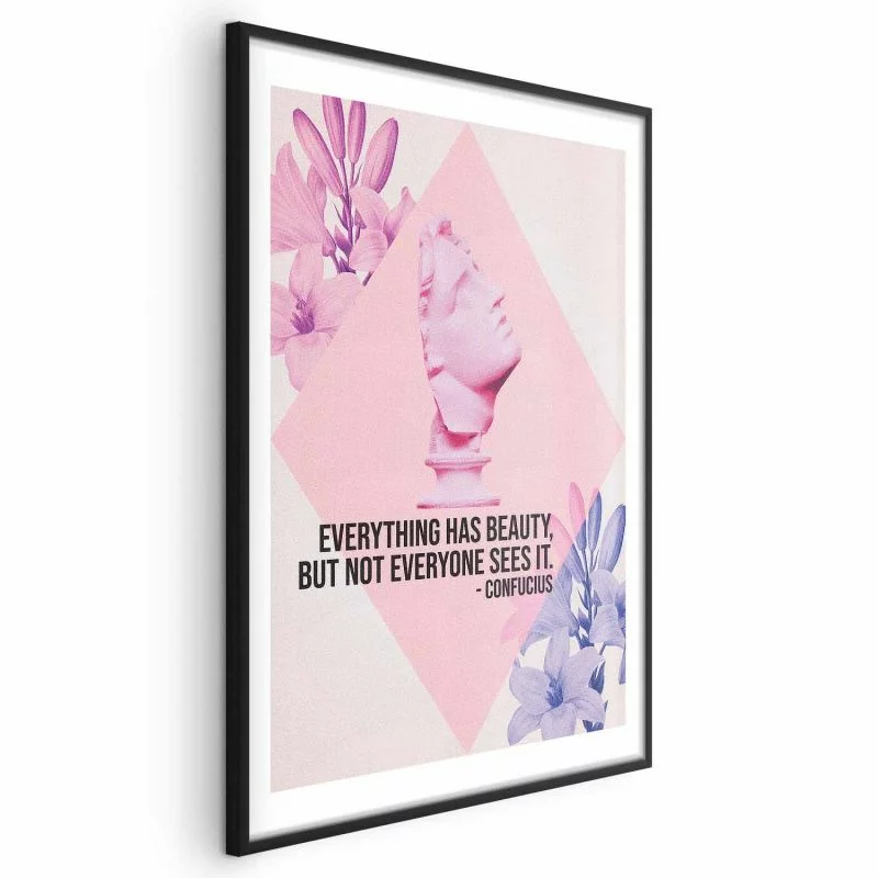 Plakat - Konfucjusz o Pięknie - popiersie w różu z kwiatami i cytatem - obrazek 1