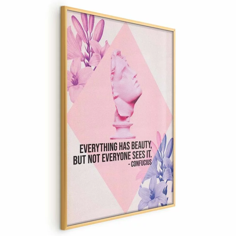 Plakat - Konfucjusz o Pięknie - popiersie w różu z kwiatami i cytatem - obrazek 1