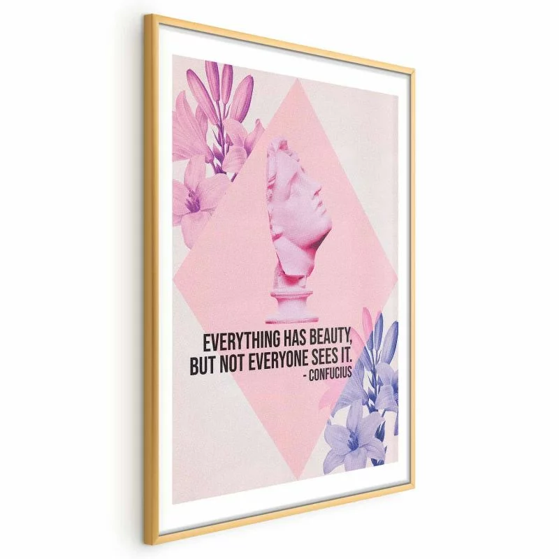 Plakat - Konfucjusz o Pięknie - popiersie w różu z kwiatami i cytatem - obrazek 1