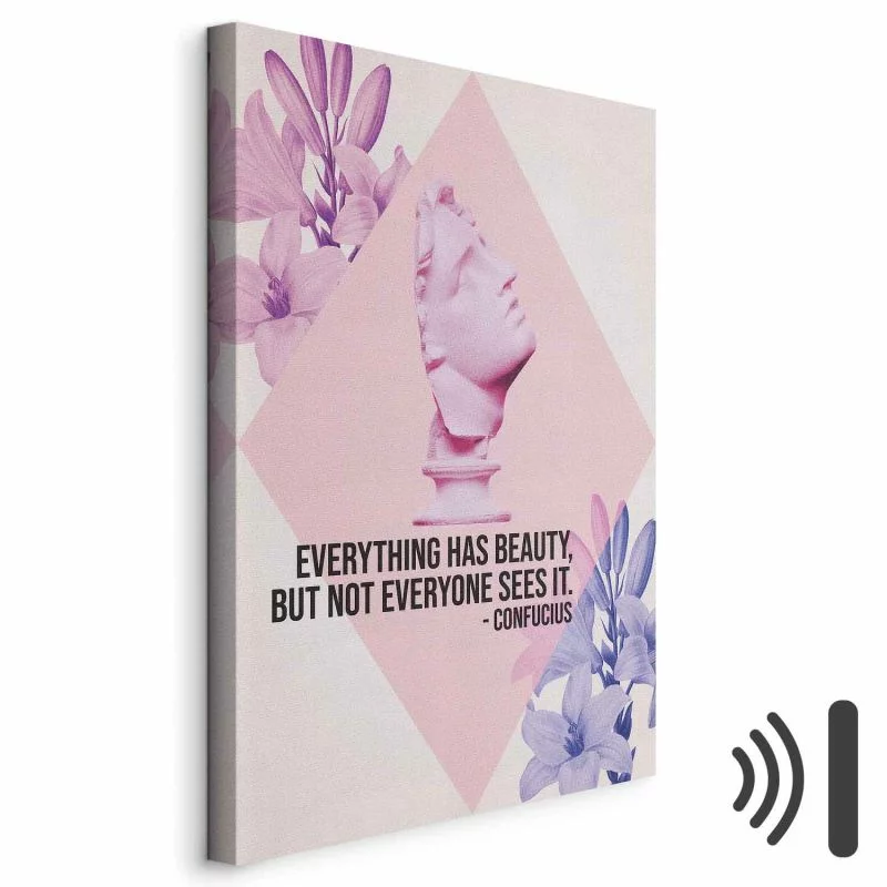 Obraz - Piękno w Oczach - inspirujący cytat z różowym popiersiem i kwiatami - obrazek 1