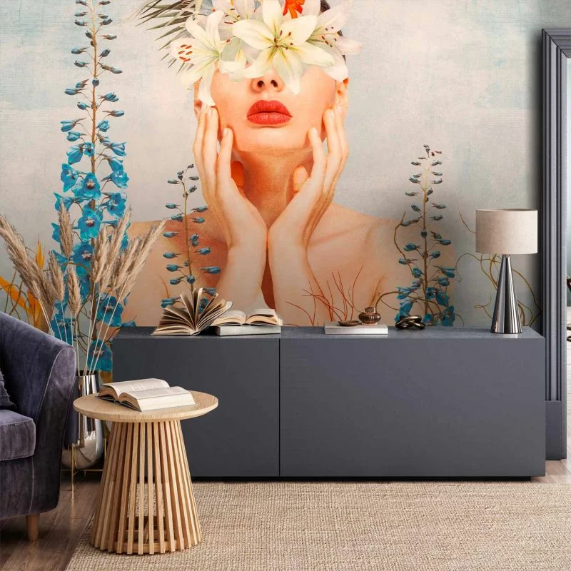 Fototapeta - Natura w myślach - postać kobiety wśród kwiatów na tle z deseniem - obrazek 1