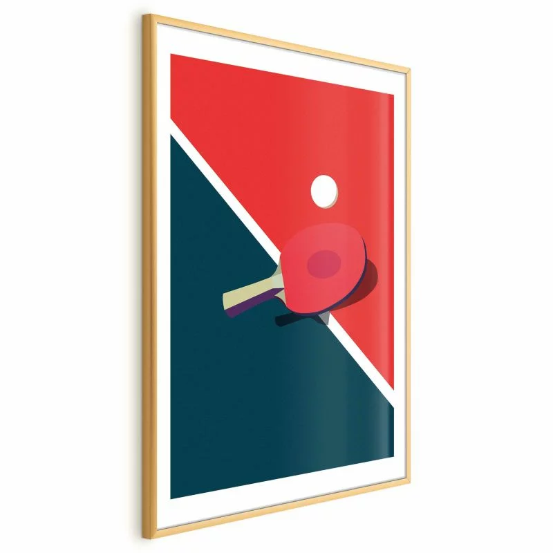 Plakat - Tenis stołowy - piłeczka i rakietka na stole - obrazek 1