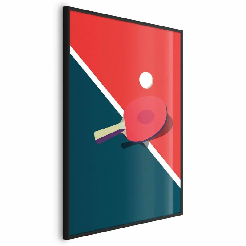 Plakat - Tenis stołowy - piłeczka i rakietka na stole - obrazek 1