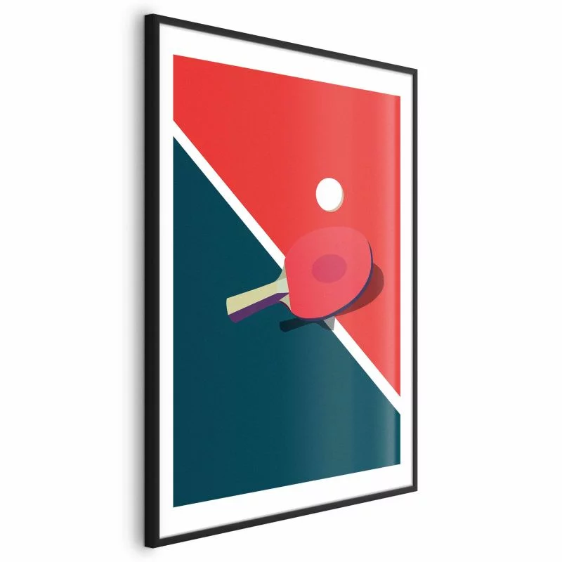 Plakat - Tenis stołowy - piłeczka i rakietka na stole - obrazek 1