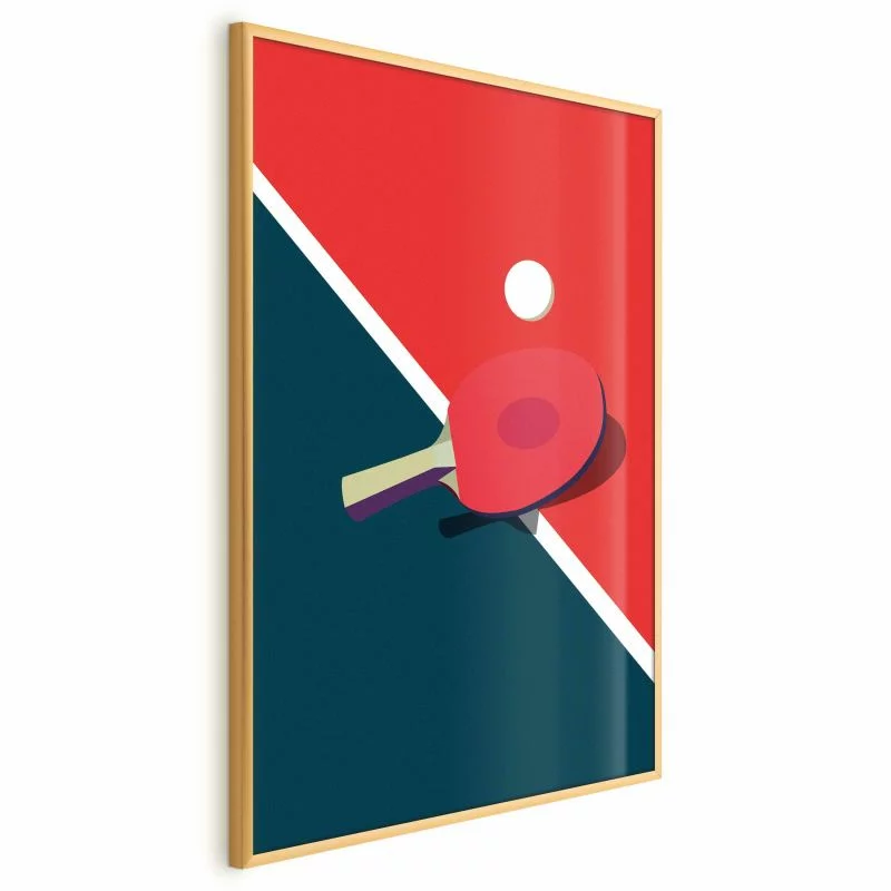 Plakat - Tenis stołowy - piłeczka i rakietka na stole - obrazek 1