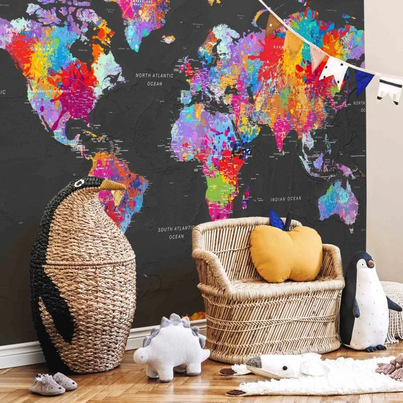 Fototapeta wodoodporna - Mapa świata - kolorowe kontynenty z nazwami po angielsku na szarym tle - obrazek 1