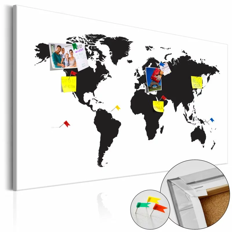 Obraz na korku - Mapa świata: Czarno-biała elegancja [Mapa korkowa] - obrazek 1