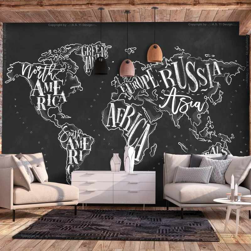 Fototapeta wodoodporna - Nowoczesna mapa świata - czarno-białe kontynenty z nazwami angielskimi - obrazek 1
