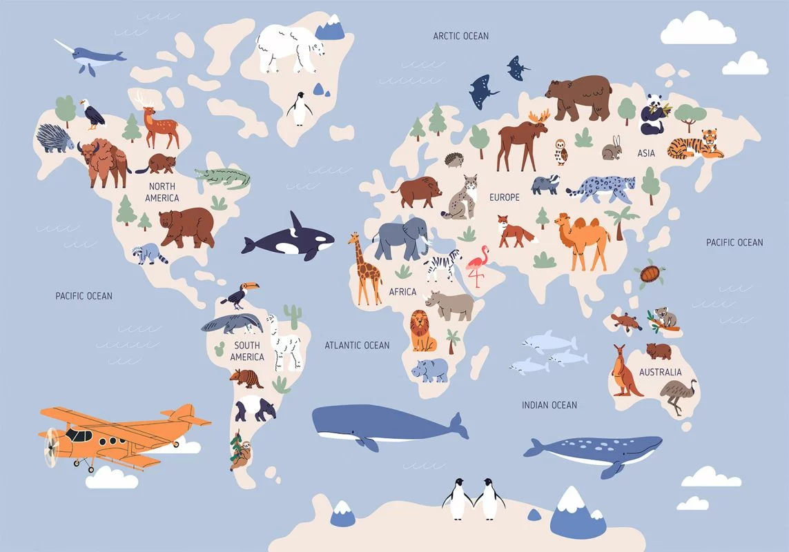 Fototapeta - Mapa świata z ilustracjami zwierząt - obrazek 1