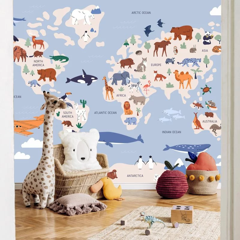 Fototapeta - Mapa świata z ilustracjami zwierząt - obrazek 1