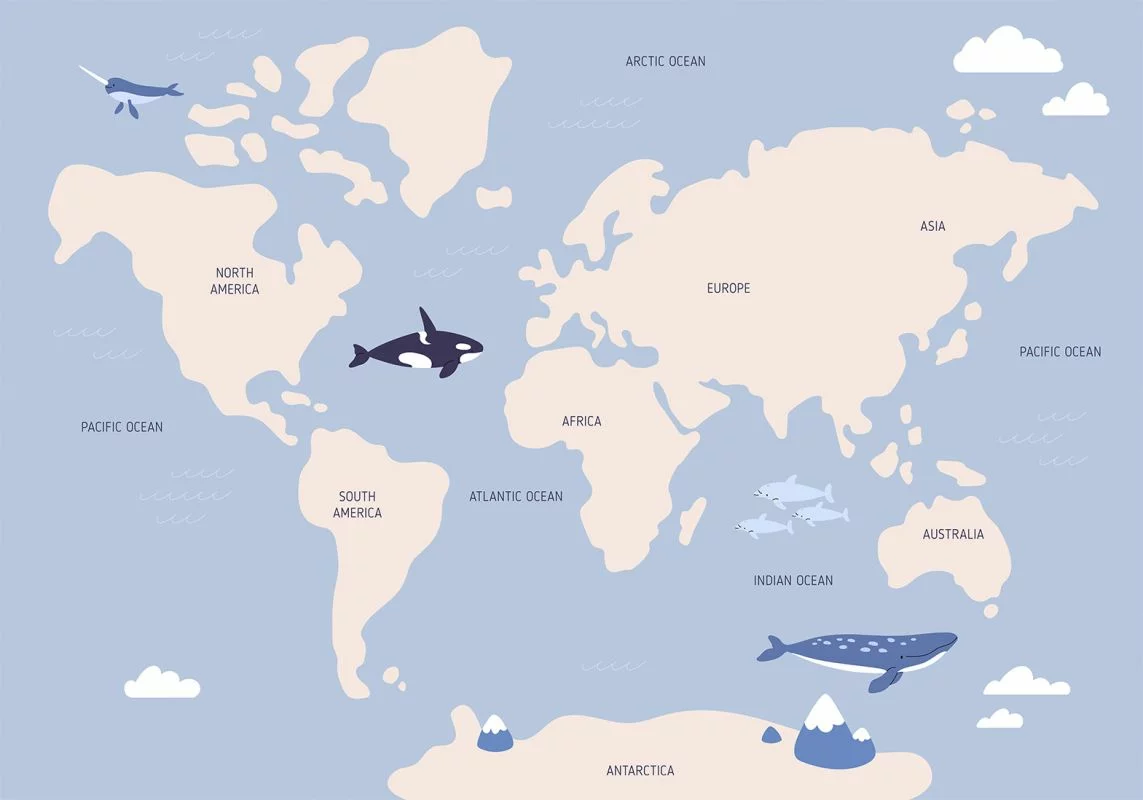 Fototapeta - Pastelowa planeta - zwierzątka i podwodne rośliny na mapie - obrazek 1