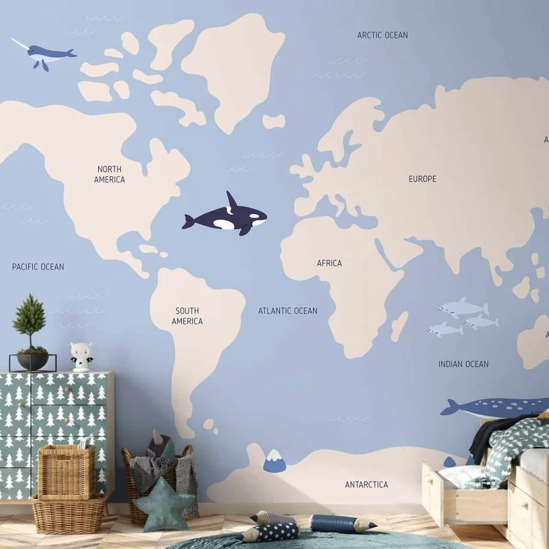 Fototapeta - Pastelowa planeta - zwierzątka i podwodne rośliny na mapie - obrazek 1