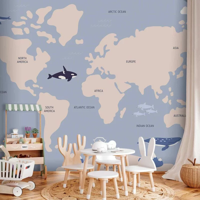 Fototapeta - Pastelowa planeta - zwierzątka i podwodne rośliny na mapie - obrazek 1