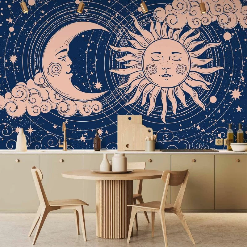 Fototapeta - Kosmiczna Harmonia - ilustracja słońca i księżyca na granatowym tle / Noc i Dzień - elegancki wzór słońca księżyca na ciemnym tle - obrazek 1