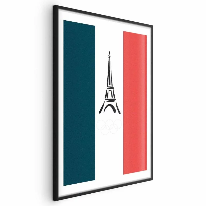 Plakat - Graficzna wieża Eiffla na tle flagi Francji - obrazek 1