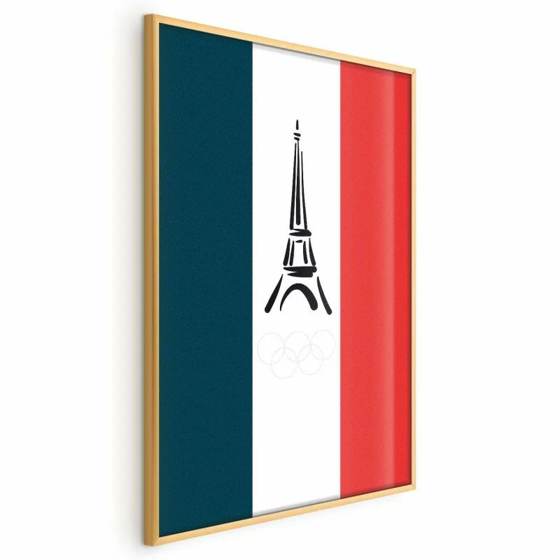 Plakat - Graficzna wieża Eiffla na tle flagi Francji - obrazek 1