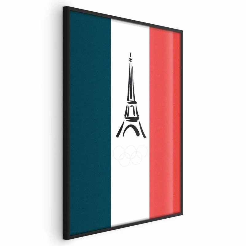 Plakat - Graficzna wieża Eiffla na tle flagi Francji - obrazek 1