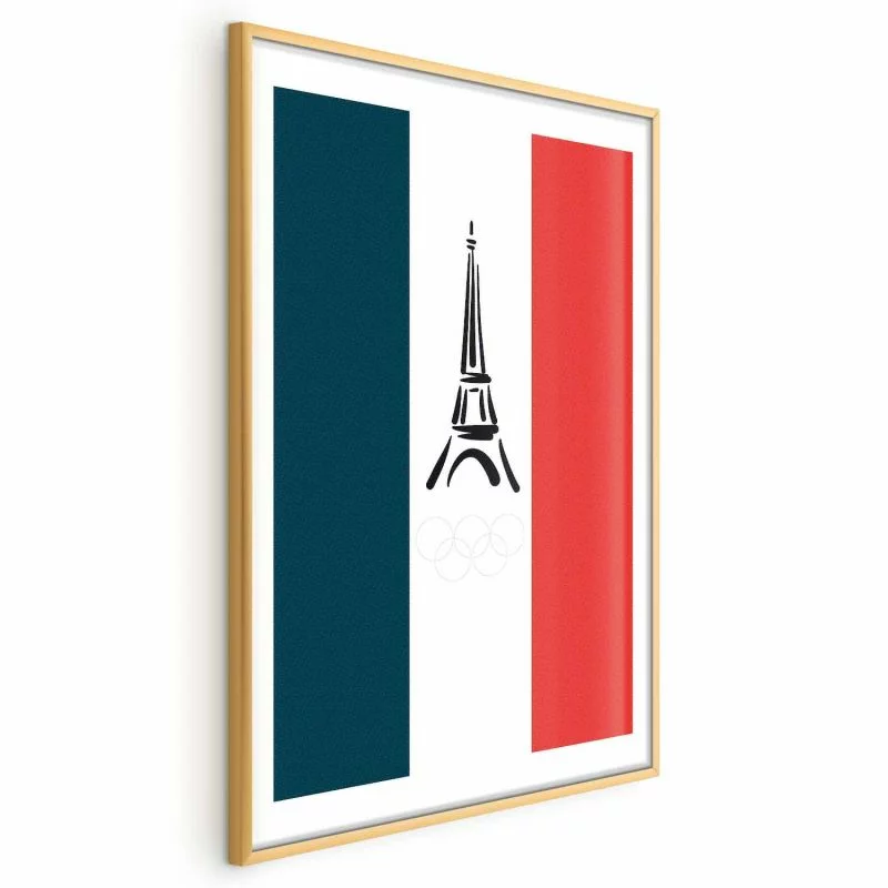 Plakat - Graficzna wieża Eiffla na tle flagi Francji - obrazek 1