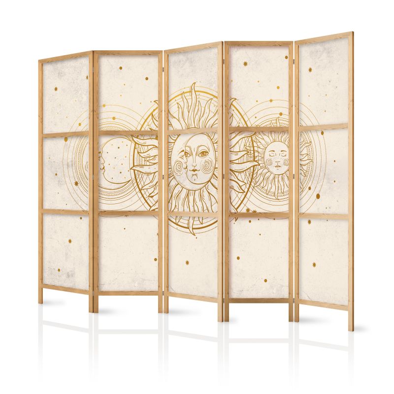 Parawan japoński - Złote Słońce i Księżyc - artystyczna ilustracja w stylu retro