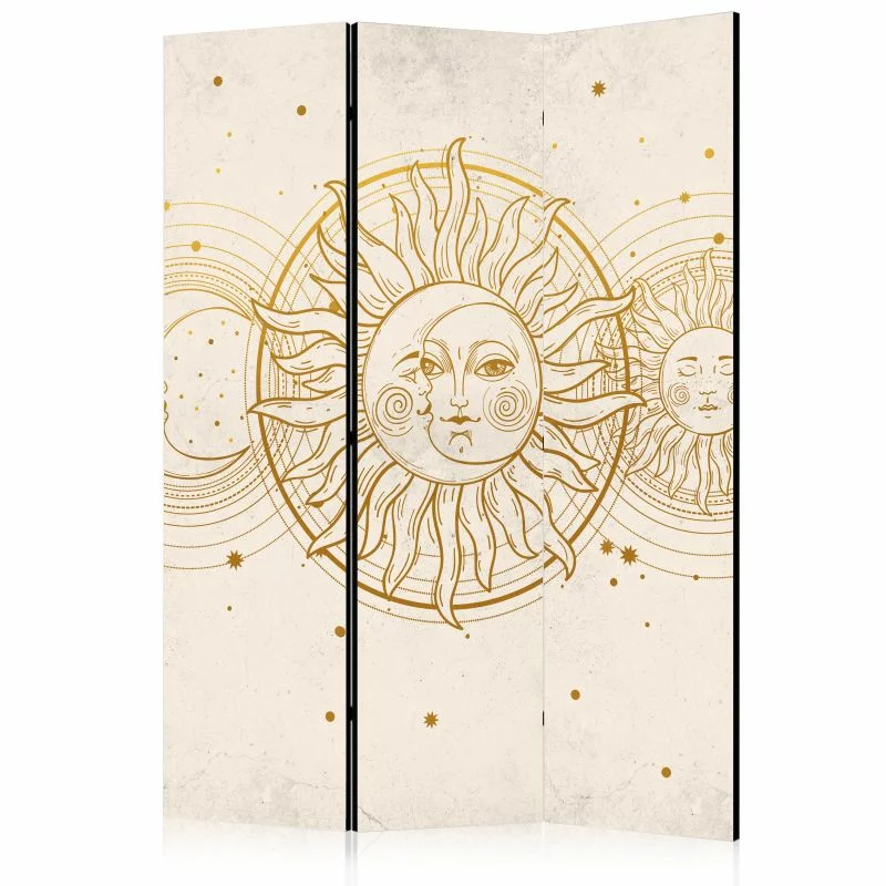 Parawan - Złote Słońce i Księżyc - artystyczna ilustracja w stylu retro / Kosmiczna Harmonia - słońce księżyc i gwiazdy w złotych odcieniach - obrazek 1