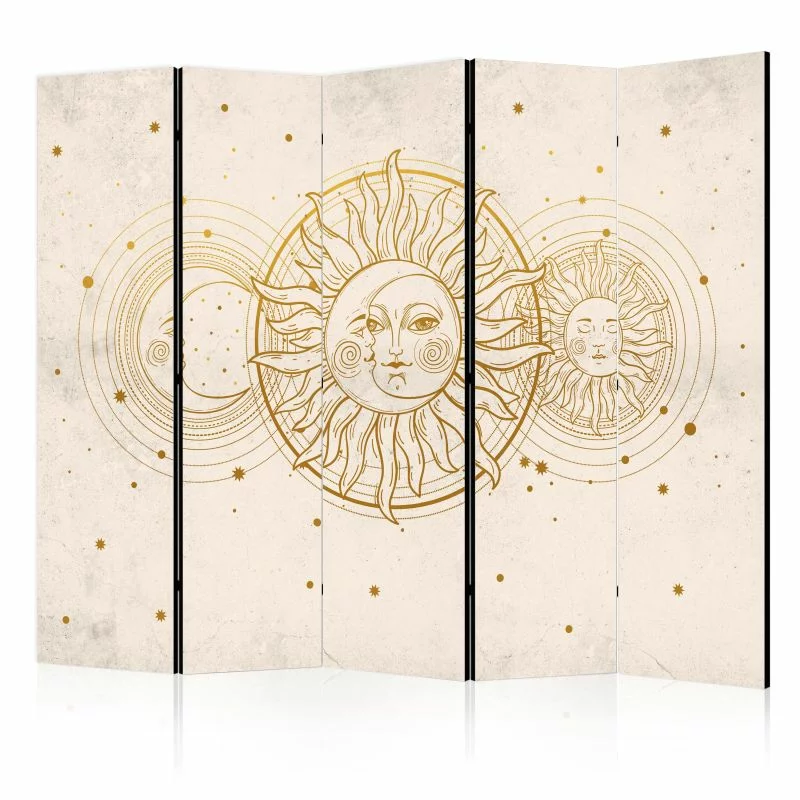 Parawan - Złote Słońce i Księżyc - artystyczna ilustracja w stylu retro / Kosmiczna Harmonia - słońce księżyc i gwiazdy w złotych odcieniach - obrazek 1