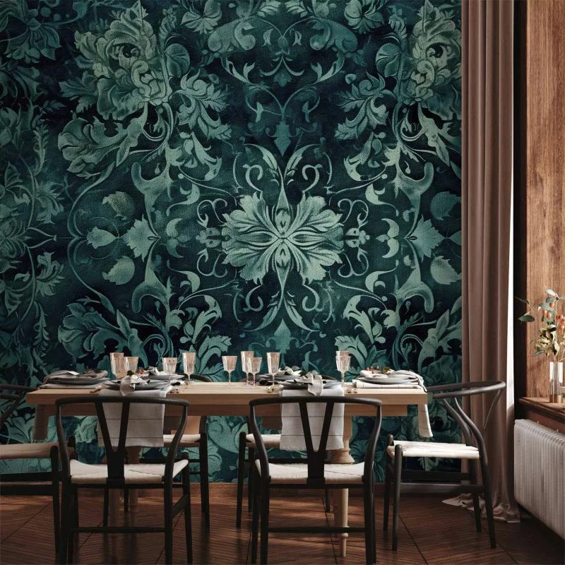 Fototapeta - Wzór orientalny dywanowy: szmaragdowe ornamenty i przetarte wzory - obrazek 1