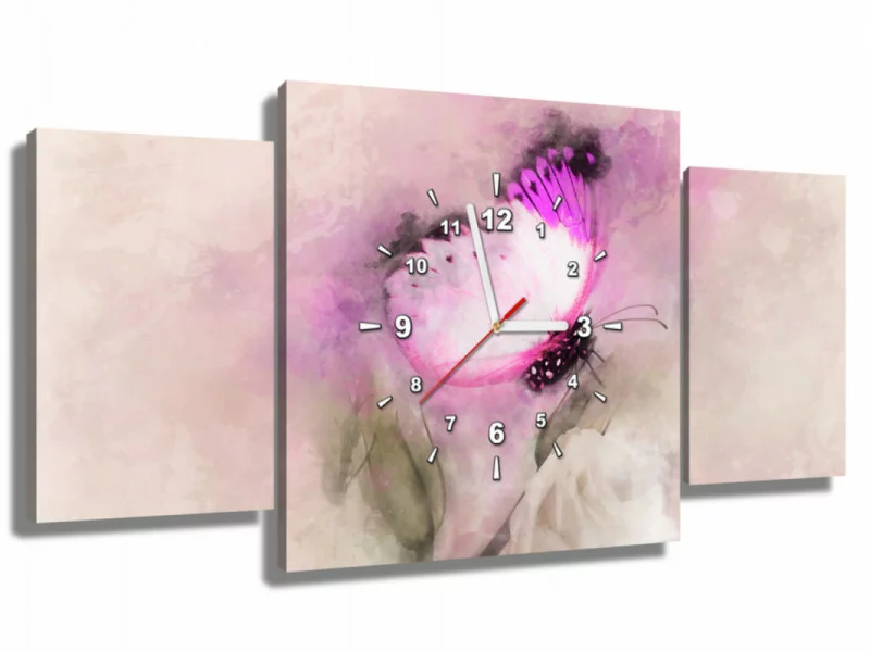 Obraz z zegarem - różowy motylek