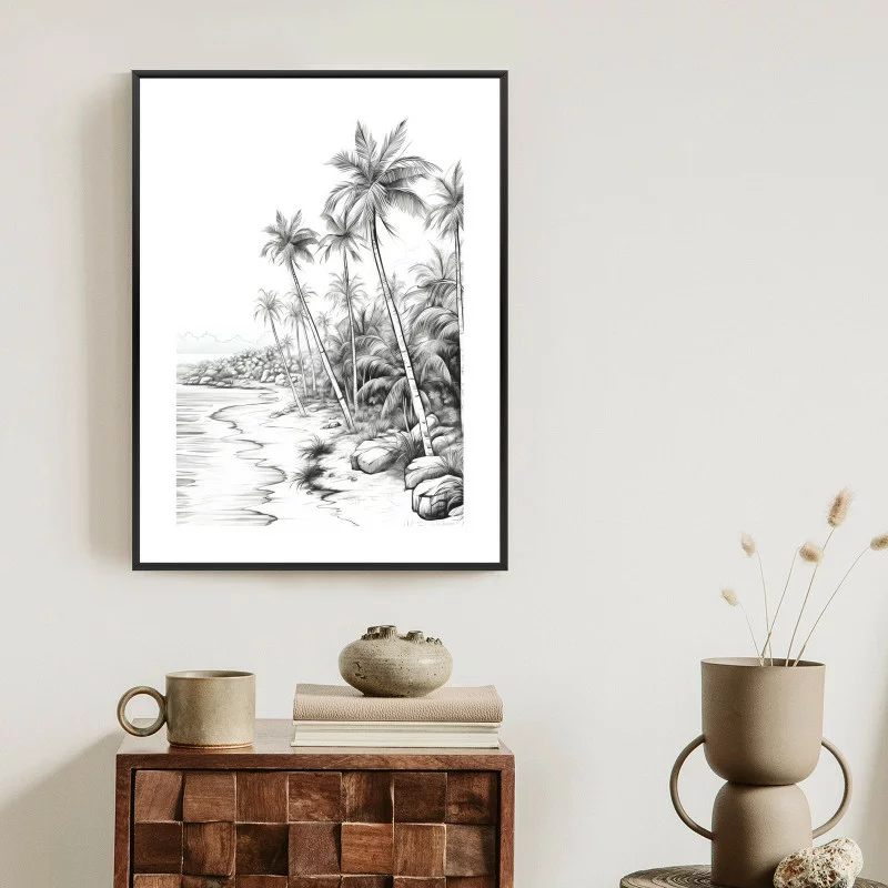 Plakat w ramie - plaża z palmami i piaszczystym wybrzeżem - obrazek 1