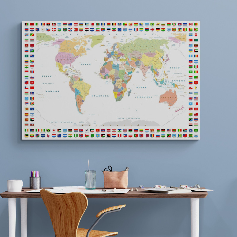 Mapa świata na ścianę po polsku z flagami