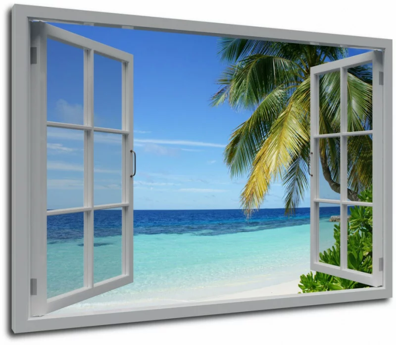 Obraz okno - palma i plaża - obrazek 1