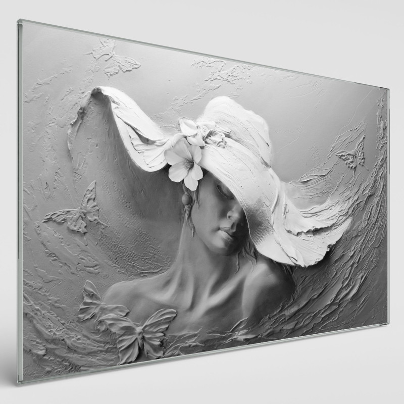 Obraz na szkle - dama w jasnym kapeluszu z kwiatem