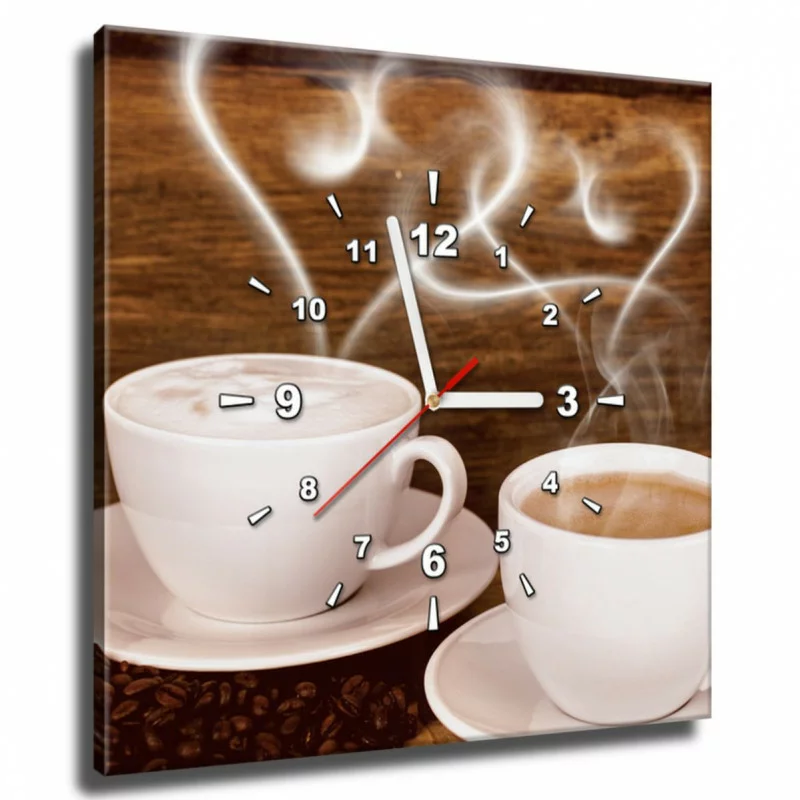 Obraz kwadratowy z zegarem - gorąca kawa