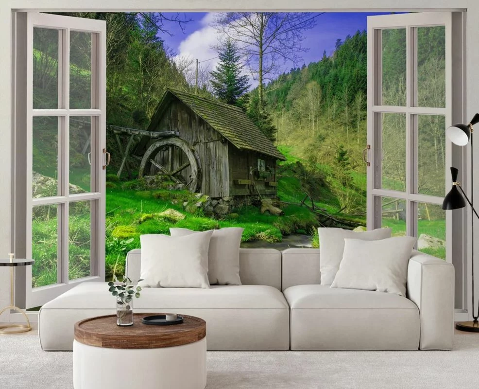 Fototapeta, Okno - widok na chatkę w lesie - obrazek 1