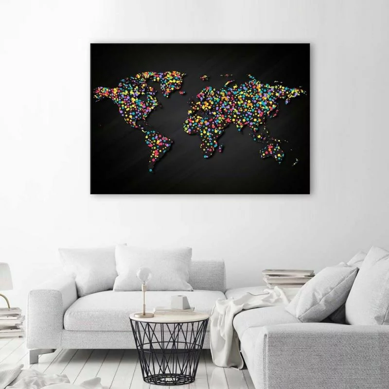 Obraz na płótnie, Mapa świata z kolorowymi kropkami - obrazek 1