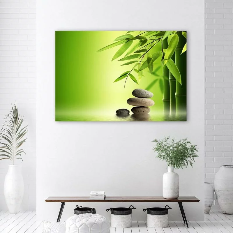 Obraz na płótnie, Kamienie zen i bambus na zielonym tle - obrazek 1