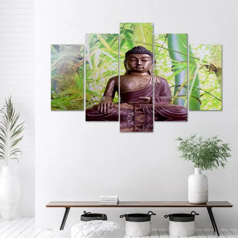 Obraz pięcioczęściowy na płótnie, Budda na tle bambusów - obrazek 1