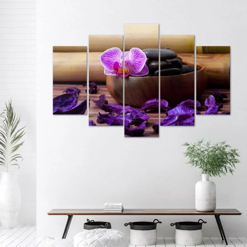Obraz pięcioczęściowy na płótnie, Kompozycja zen z różową orchideą - obrazek 1