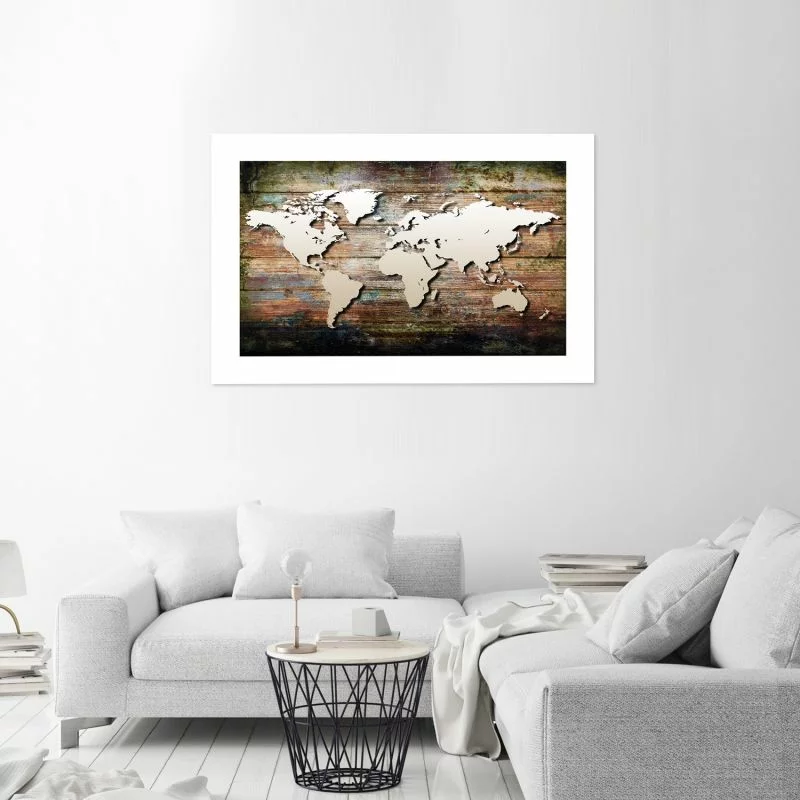 Plakat, Mapa świata na starych deskach - obrazek 1