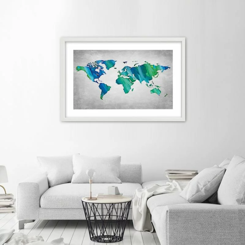 Obraz w ramie, Kolorowa mapa świata na betonie - obrazek 1