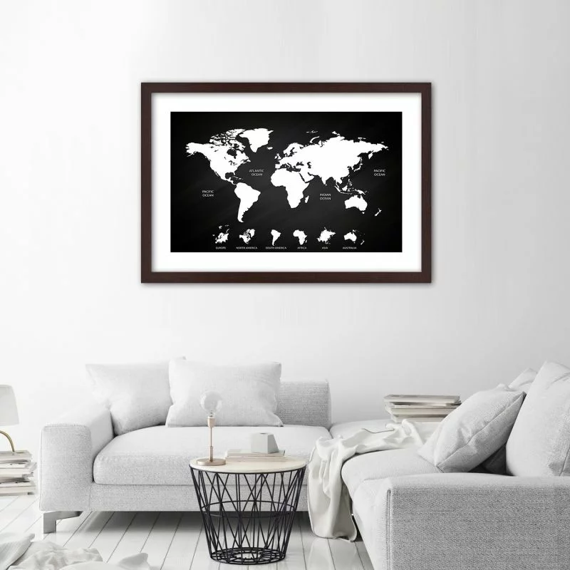 Obraz w ramie, Kontrastowa mapa świata i kontynenty - obrazek 1