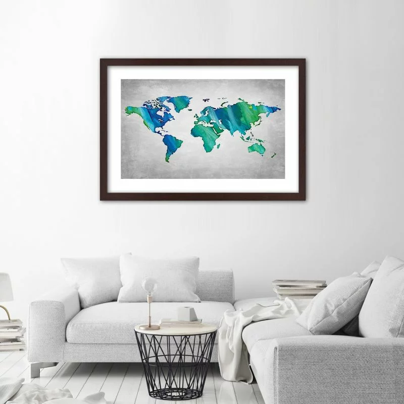 Obraz w ramie, Kolorowa mapa świata na betonie - obrazek 1