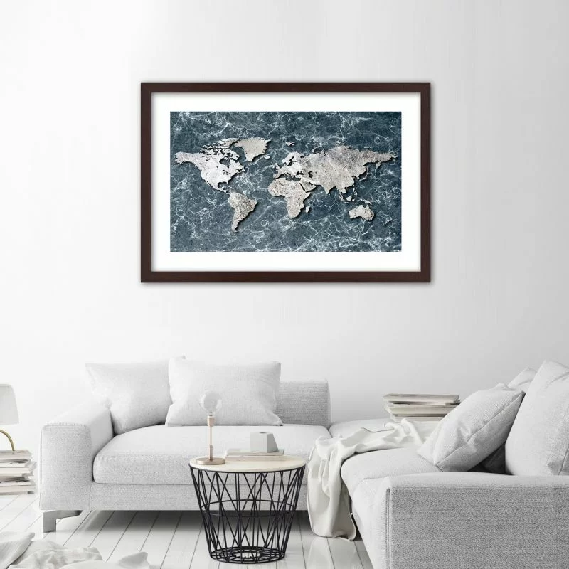 Obraz w ramie, Mapa świata na marmurze - obrazek 1
