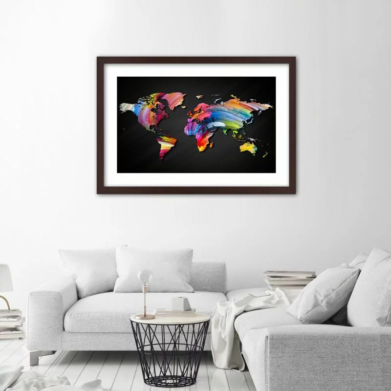 Obraz w ramie, Mapa świata w różnych kolorach - obrazek 1