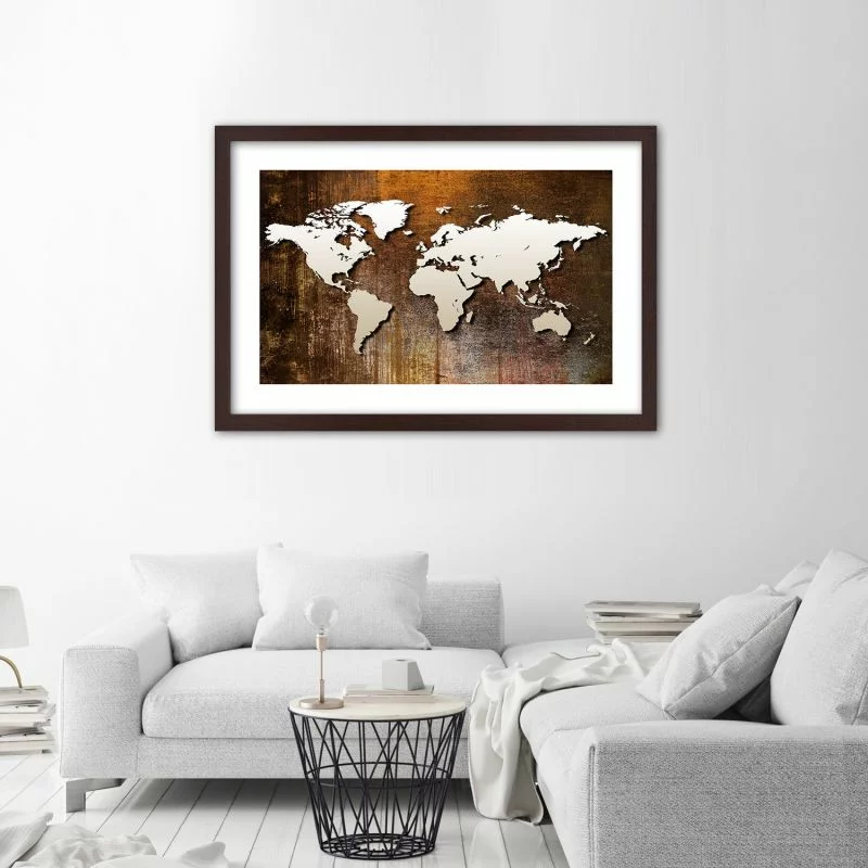 Obraz w ramie, Mapa świata na drewnie - obrazek 1