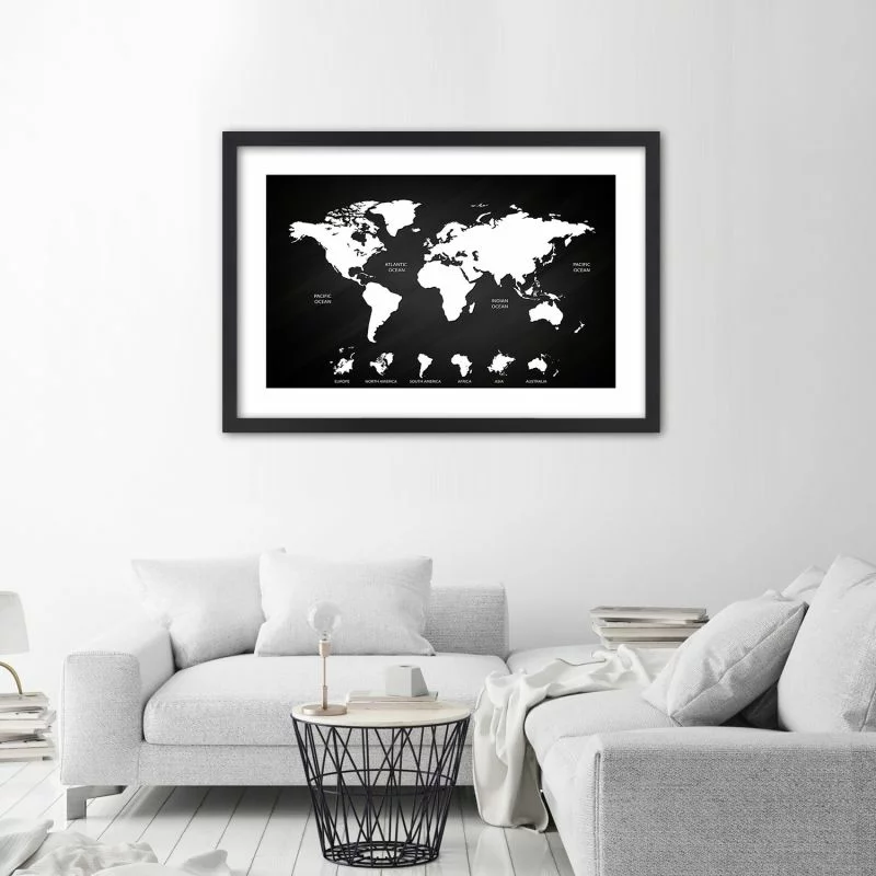 Obraz w ramie, Kontrastowa mapa świata i kontynenty - obrazek 1