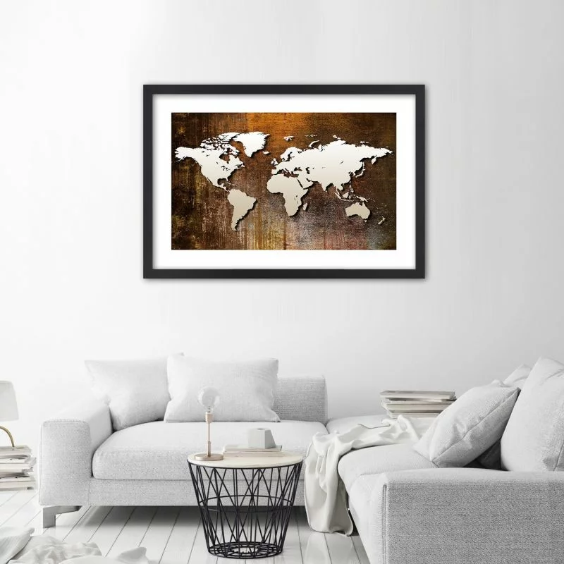 Obraz w ramie, Mapa świata na drewnie - obrazek 1